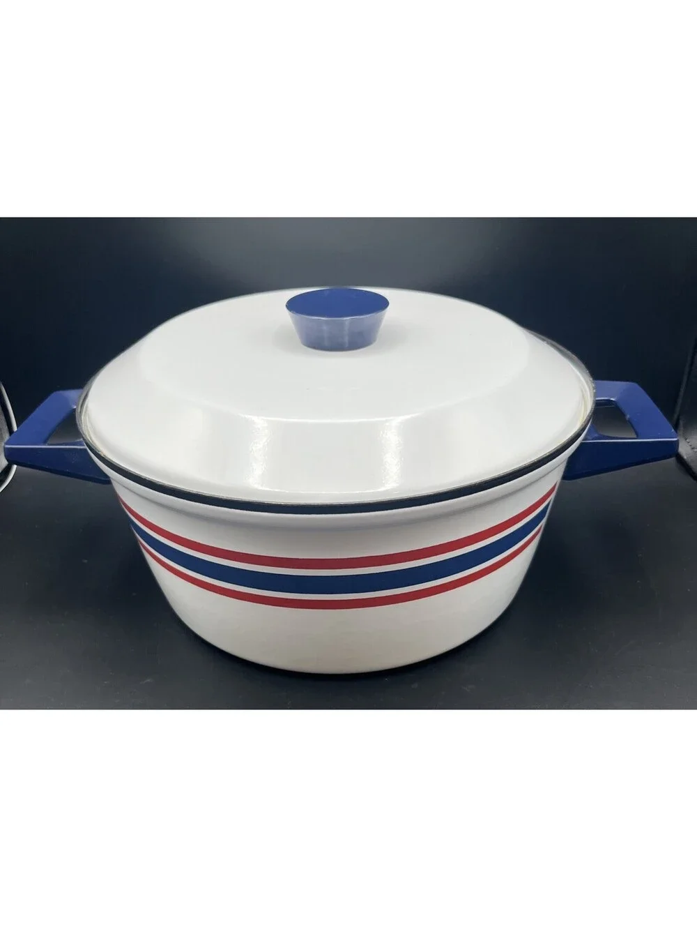 Vintage Cathrineholm Norway Enamel Dutch Oven Blue Red Stripe Club Celebration